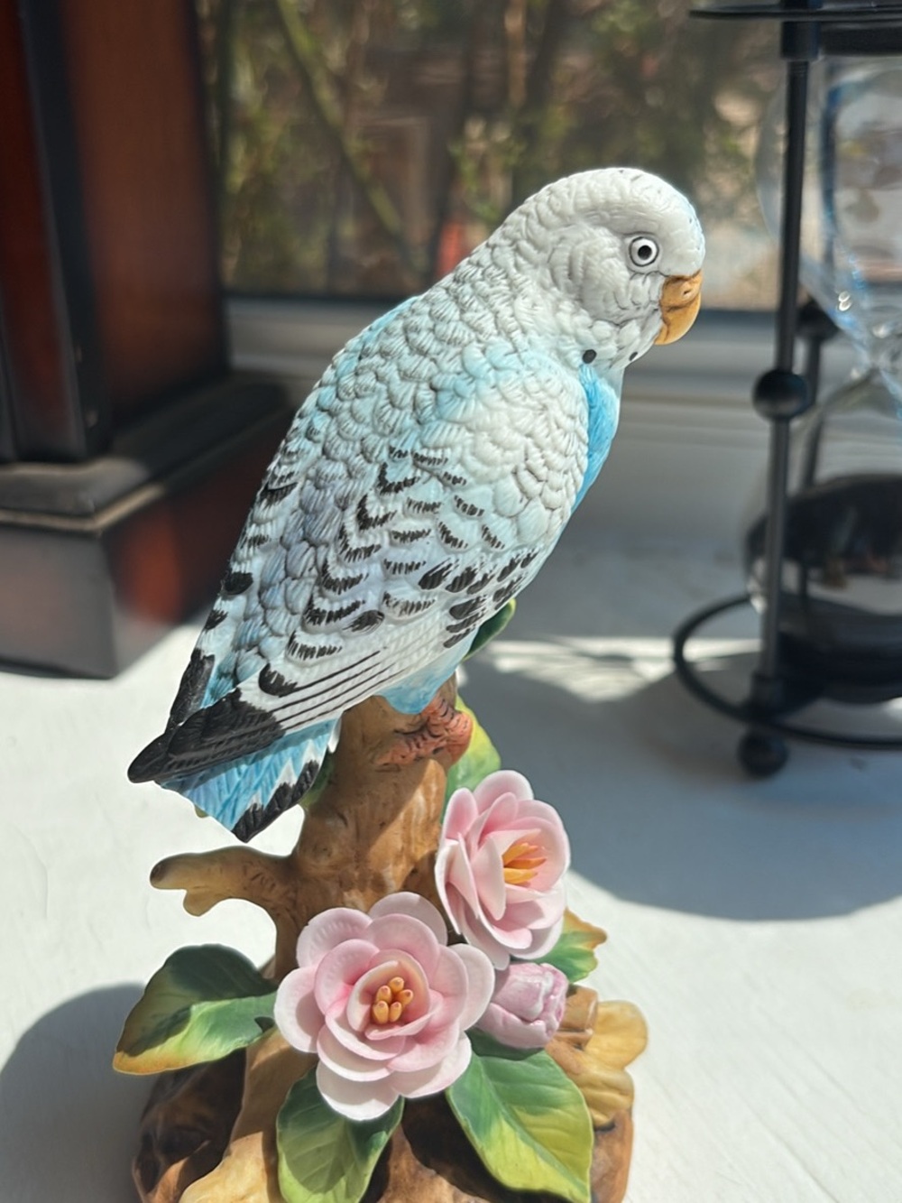 Andrea By Sadek Blue & White Budgie on Floral Perch
